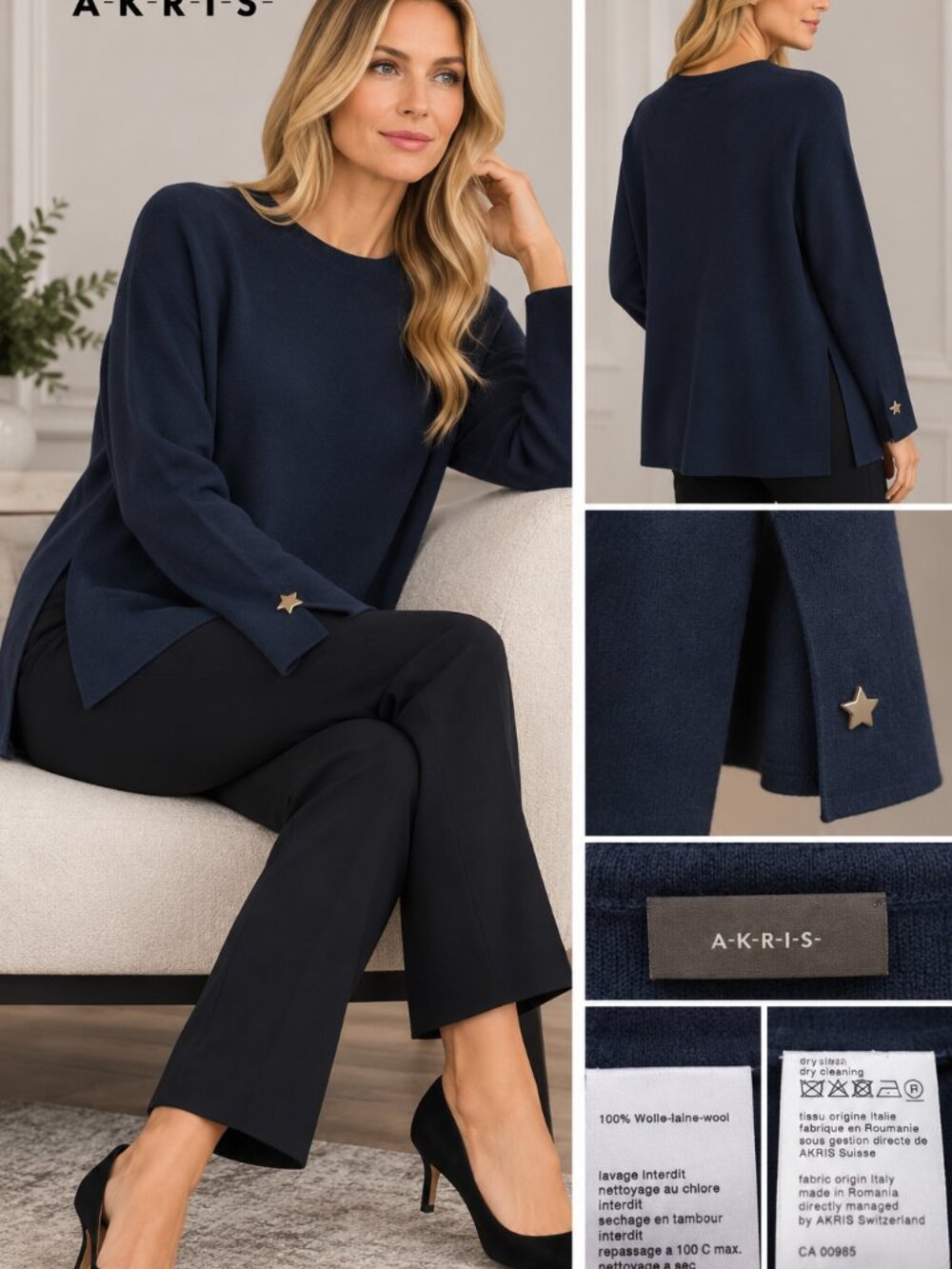 AKRIS navy blue long sleeve top 100% wool. EUC